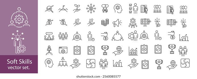 Soft Skills editable stroke outline web icons set. Skills, leadership, communication, creativity, empathy, self-motivation, problem solving, teamwork and responsibility. Vector illustration