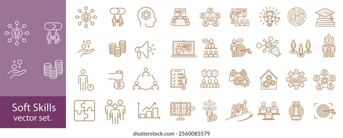 Soft Skills editable stroke outline web icons set. Skills, leadership, communication, creativity, empathy, self-motivation, problem solving, teamwork and responsibility. Vector illustration