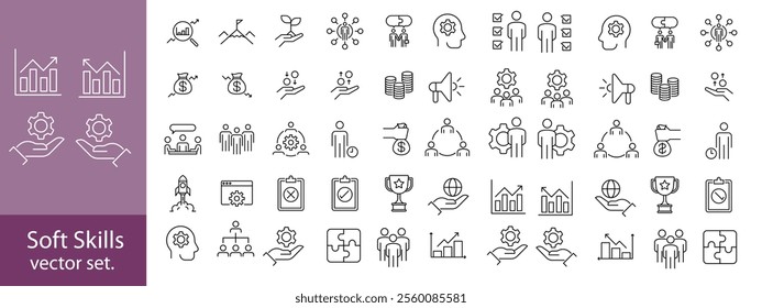 Soft Skills editable stroke outline web icons set. Skills, leadership, communication, creativity, empathy, self-motivation, problem solving, teamwork and responsibility. Vector illustration