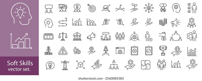 Soft Skills editable stroke outline web icons set. Skills, leadership, communication, creativity, empathy, self-motivation, problem solving, teamwork and responsibility. Vector illustration