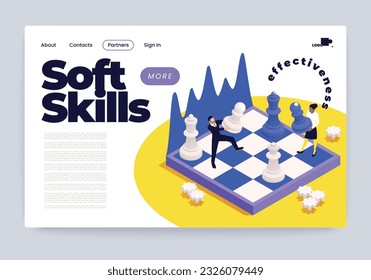 Soft skills effective teamwork isometric web page design with business people moving pieces on chessboard vector illustration