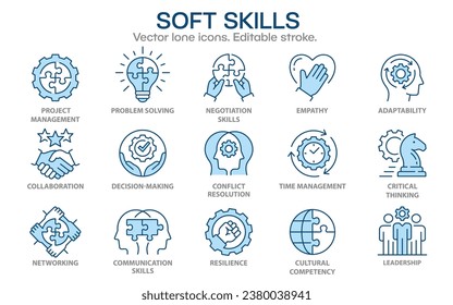 Soft skills flat icons, such as leadership, teamwork, problem solving, empathy and more. Editable stroke.