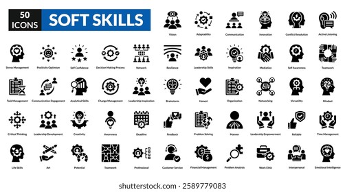 soft skills glyph icon set collection. Active Listening, teamwork, Mindset, Time Management, Emotional Intelligence, Vision, Adaptability, Communication, innovation, Conflict Resolution
