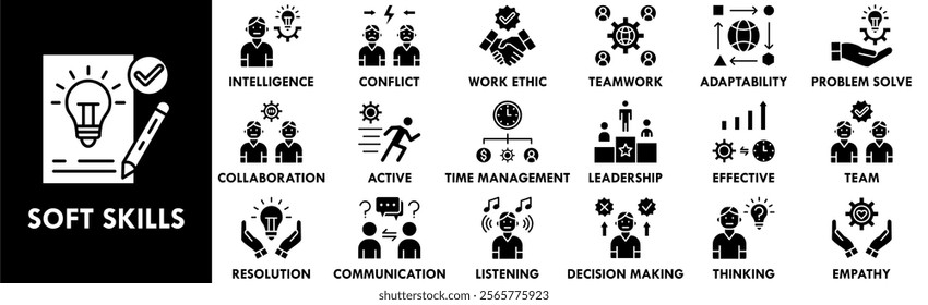 Soft Skills icon collection set. Containing design communication, teamwork, leadership, business, management
