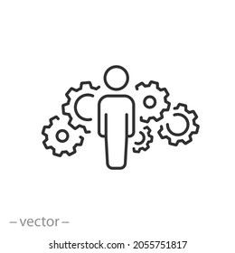 soft skills icon, man with cogwheel mechanism, team work ability, capability or expertise employee, process business organization concept, thin line symbol - editable stroke vector illustration