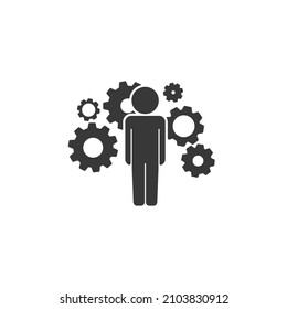 Soft Skills Icon, Man With Cogwheel Mechanism, Team Work Ability, Capability Or Expertise Employee, Process Business Organization Concept, Editable Stroke Vector Illustration