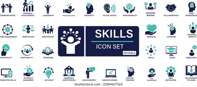 Soft skills icon set. communication, empathy, assertiveness, personality, problem-solving, creativity, punctuality and work ethics You can easily change the color