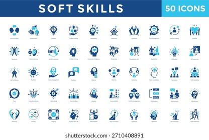 Conjunto de iconos de habilidades suaves con comunicación, colaboración, creatividad, resolución de problemas, adaptabilidad, liderazgo, trabajo en equipo, gestión del tiempo, toma de decisiones, icono de empatía. Vector plano simple 
