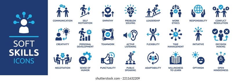 Soft Skills Icon Set. Containing Communication, Empathy, Assertiveness, Personality, Problem-solving, Creativity, Punctuality And Work Ethics Icons. Solid Icons Vector Collection.