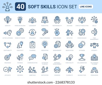 Soft skills icon set. Containing empathy, problem-solving, management, leadership, punctuality and communication line icon. Outline icon collection.