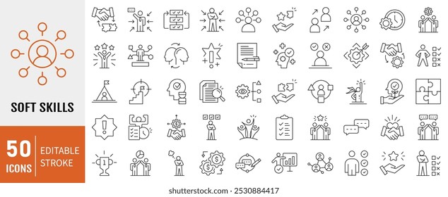 Soft Skills icon set. Containing  leadership, attitude, work ethics, critical thinking, problem solving, teamwork and public speaking icons. Simple line vector illustration.