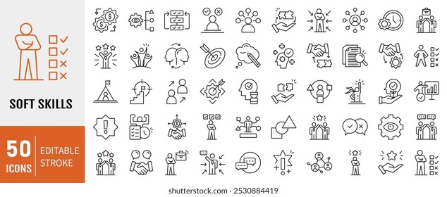 Soft Skills icon set. Containing  leadership, attitude, work ethics, critical thinking, problem solving, teamwork and public speaking icons. Simple line vector illustration.