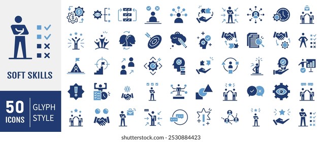 Soft Skills icon set. Containing  leadership, attitude, work ethics, critical thinking, problem solving, teamwork and public speaking icons. Simple flat vector illustration.