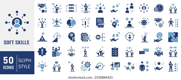 Soft Skills icon set. Containing  leadership, attitude, work ethics, critical thinking, problem solving, teamwork and public speaking icons. Simple flat vector illustration.