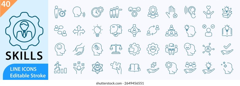 Conjunto de iconos de habilidades suaves. Contiene comunicación, empatía y más. Colección de Vector de iconos de línea. Trazo Editable.