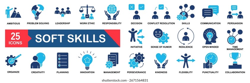 Soft skills icon set. Containing communication, teamwork, empathy, leadership, problem-solving, creativity, time management and work ethics icons.