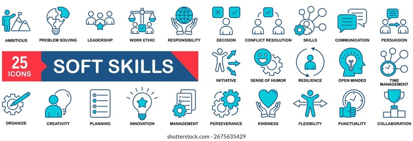 Conjunto de iconos de habilidades suaves. Contiene iconos de comunicación, trabajo en equipo, empatía, liderazgo, resolución de problemas, creatividad, gestión del tiempo y ética laboral.