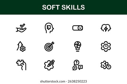 Soft Skills Icon Set Featuring Communication, Leadership, Teamwork, and Creativity Symbols in Clean Vector Style