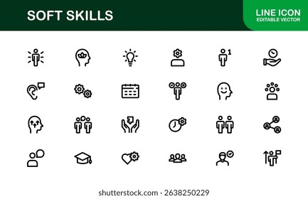 Soft Skills Icon Set Featuring Communication, Leadership, Teamwork, and Creativity Symbols in Clean Vector Style