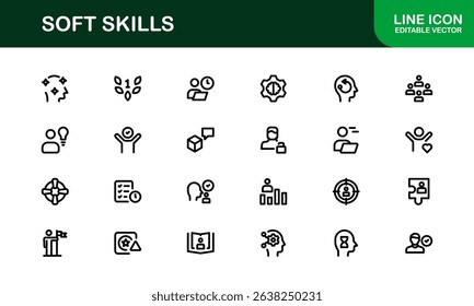 Soft Skills Icon Set Featuring Communication, Leadership, Teamwork, and Creativity Symbols in Clean Vector Style