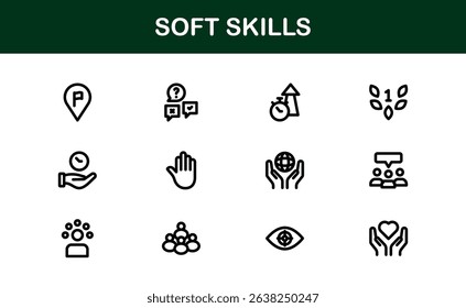 Soft Skills Icon Set Featuring Communication, Leadership, Teamwork, and Creativity Symbols in Clean Vector Style