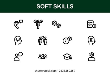 Soft Skills Icon Set Featuring Communication, Leadership, Teamwork, and Creativity Symbols in Clean Vector Style