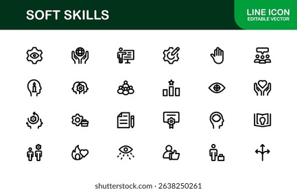 Soft Skills Icon Set Featuring Communication, Leadership, Teamwork, and Creativity Symbols in Clean Vector Style