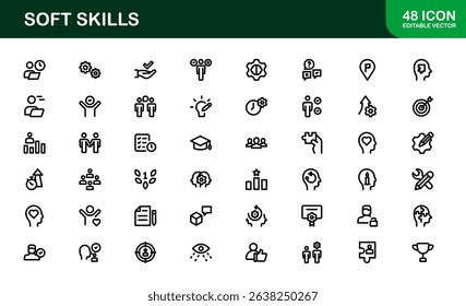 Soft Skills Icon Set Featuring Communication, Leadership, Teamwork, and Creativity Symbols in Clean Vector Style