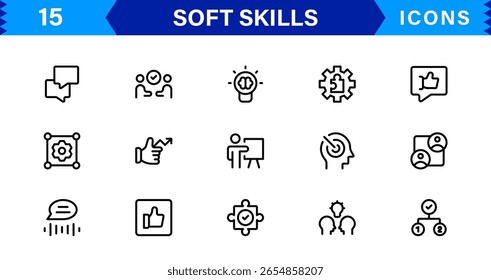 Soft Skills Icon Set Featuring Communication, Teamwork, Leadership, and Emotional Intelligence in Clean Vector Style