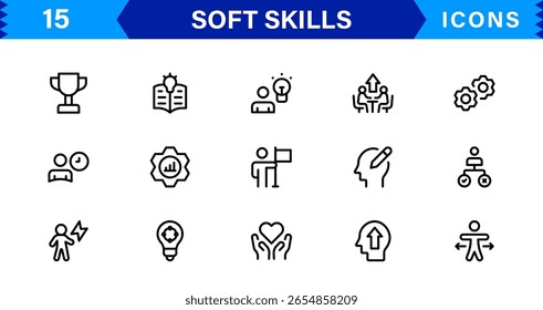 Soft Skills Icon Set Featuring Communication, Teamwork, Leadership, and Emotional Intelligence in Clean Vector Style