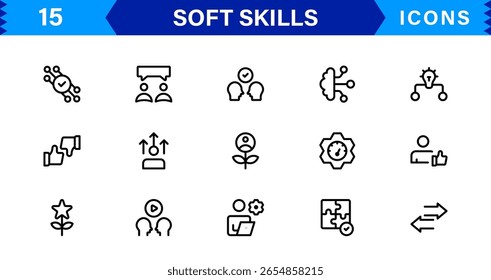 Soft Skills Icon Set Featuring Communication, Teamwork, Leadership, and Emotional Intelligence in Clean Vector Style
