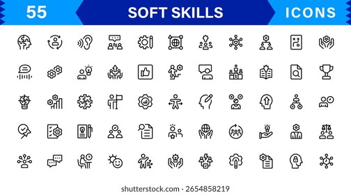 Soft Skills Icon Set Featuring Communication, Teamwork, Leadership, and Emotional Intelligence in Clean Vector Style