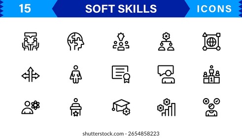 Soft Skills Icon Set Featuring Communication, Teamwork, Leadership, and Emotional Intelligence in Clean Vector Style