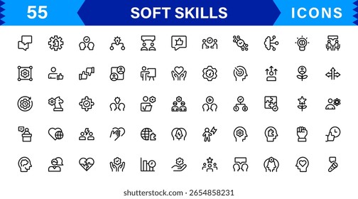 Soft Skills Icon Set Featuring Communication, Teamwork, Leadership, and Emotional Intelligence in Clean Vector Style