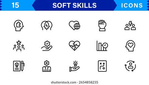 Soft Skills Icon Set Featuring Communication, Teamwork, Leadership, and Emotional Intelligence in Clean Vector Style
