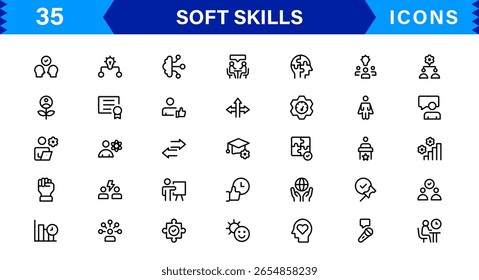 Soft Skills Icon Set Featuring Communication, Teamwork, Leadership, and Emotional Intelligence in Clean Vector Style