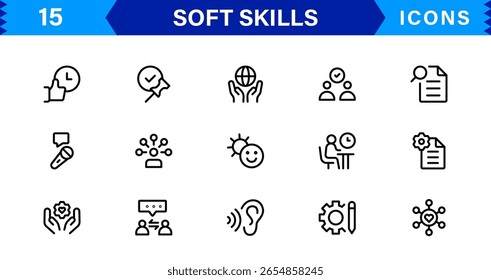 Conjunto de ícones de habilidades suaves com comunicação, trabalho em equipe, liderança e inteligência emocional em estilo Clean Vetor