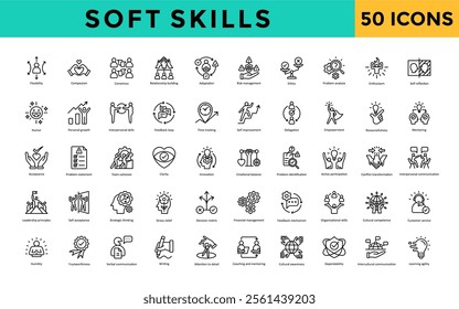 Soft skills icon set with flexibility, compassion, consensus, relationship building, adaptation, risk management, ethics, problem, analysis, enthusiasm, self reflection icon. Simple line vector 
