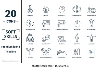 Soft Skills icon set. Include creative elements team spirit, personality, self-promotion, motivating, negotiation icons. Can be used for report, presentation, diagram, web design.