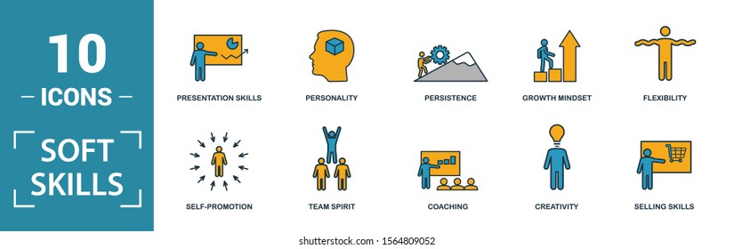 Soft Skills icon set. Include creative elements team spirit, personality, self-promotion, motivating, negotiation icons. Can be used for report, presentation, diagram, web design.