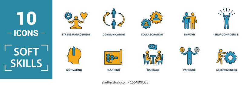 Soft Skills icon set. Include creative elements team spirit, personality, self-promotion, motivating, negotiation icons. Can be used for report, presentation, diagram, web design.