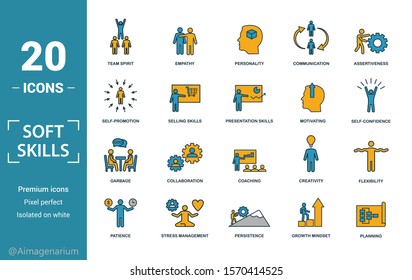 Soft Skills icon set. Include creative elements team spirit, personality, self-promotion, motivating, negotiation icons. Can be used for report, presentation, diagram, web design.