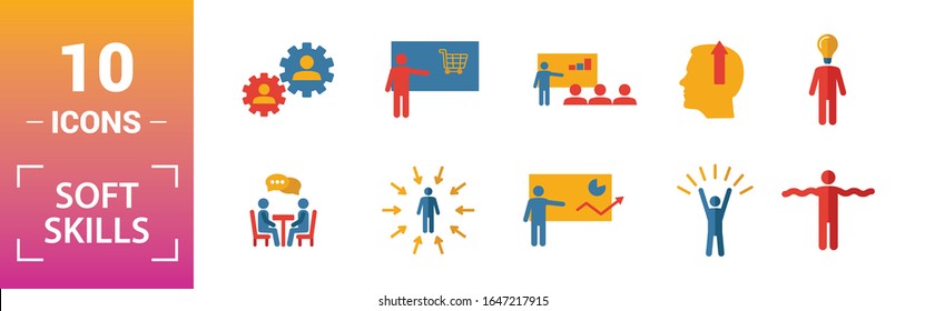Soft Skills icon set. Include creative elements team spirit, personality, self-promotion, motivating, negotiation icons. Can be used for report, presentation, diagram, web design.