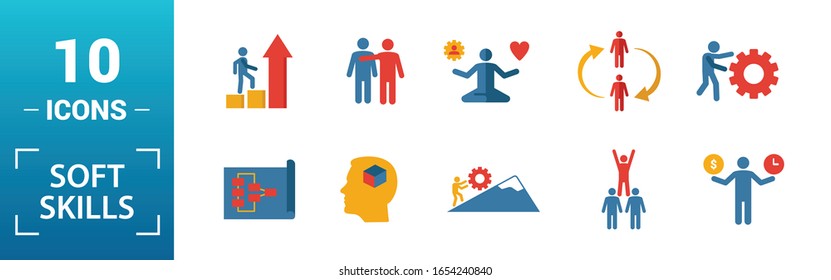 Soft Skills icon set. Include creative elements team spirit, personality, self-promotion, motivating, negotiation icons. Can be used for report, presentation, diagram, web design.