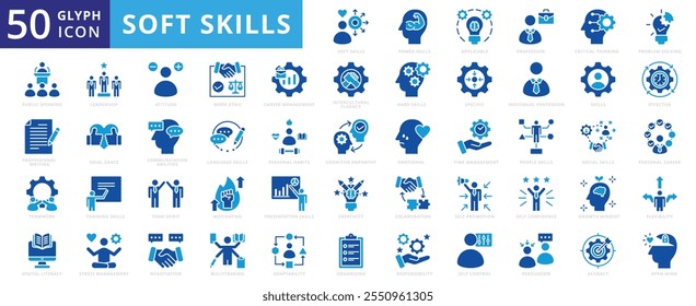 Soft skills icon set of presentation, effective, people, teamwork, training, leadership, creativity, emotional, promotion, time management, language, attitude, multitasking, collaboration, confidence