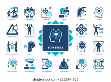 Soft Skills icon set. Responsibility, Empathy, Conflict Management, Work Ethic, Teamwork, Flexibility, Creative Thinking, Problem Solving. Duotone color solid icons