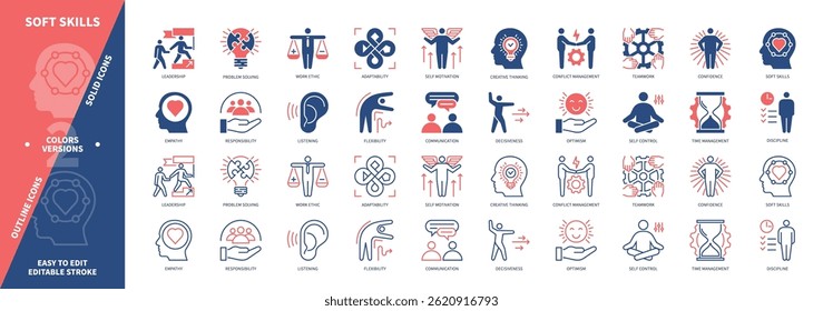 Conjunto de iconos de habilidades suaves. Responsabilidad, Empatía, Gestión de Conflictos, Ética Laboral, Trabajo en Equipo, Flexibilidad, Disciplina, Resolución de Problemas. Iconos de contorno sólidos y editables de color duotono