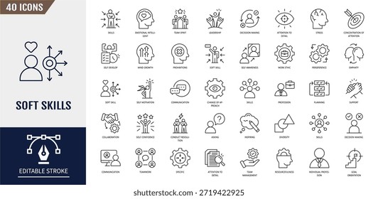 Conjunto de iconos de habilidades suaves. Trabajo en equipo, liderazgo, empatía, resolución de problemas, gestión del tiempo, adaptabilidad, creatividad y desarrollo personal. Trazo editable. Ilustración vectorial