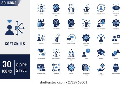 Conjunto de iconos de habilidades suaves. Trabajo en equipo, liderazgo, empatía, resolución de problemas, gestión del tiempo, adaptabilidad, creatividad y desarrollo personal. Ilustración vectorial