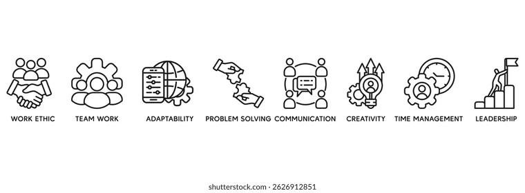 Ícone de habilidades suaves definir conceito de ilustração vetorial relacionar-se com a ética de trabalho, trabalho em equipe, adaptabilidade, resolução de problemas, comunicação, criatividade, gestão do tempo, liderança